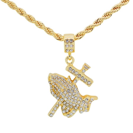 - 14K Gold Plated Hip Hop Bling Iced Out Praying Hands With Cross Pendant with 24