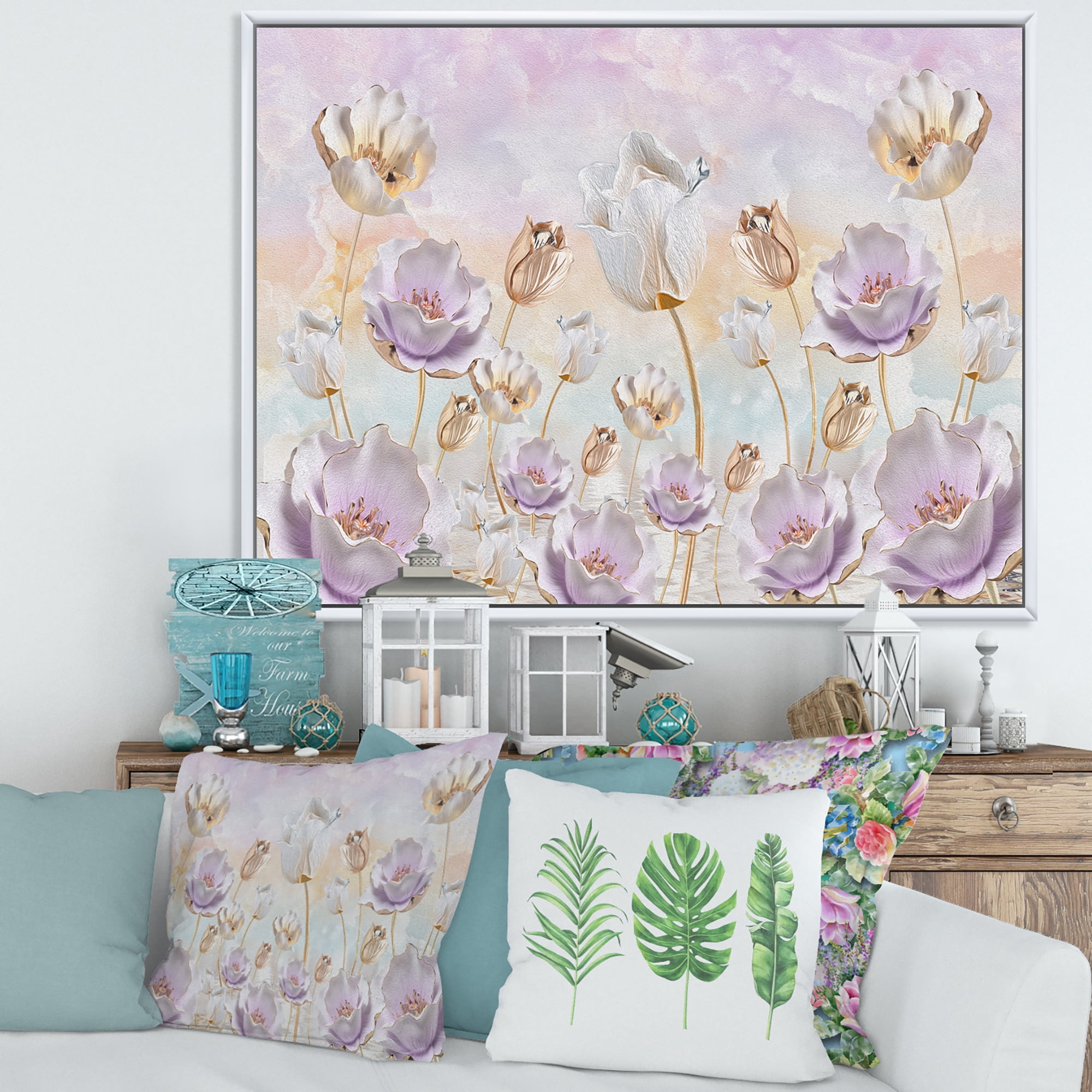 Designart 'Blossoming Pastel Tones Flowers' Traditional Framed Canvas Wall Art Print