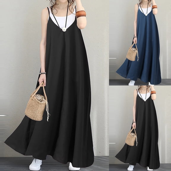 Antinious Women Solid V-Neck Sleeveless Loose Hem Soft Casual Comfortable Versatile Midi Dress