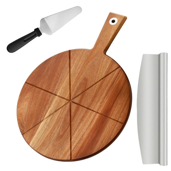TJ POP Pizza Peel 12 Inch,Wood Pizza Board With Handle,Round Pizza Paddle With Cutter