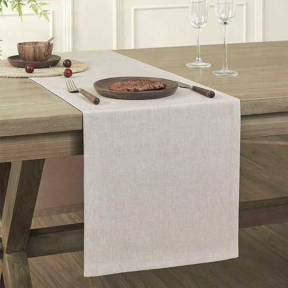 shiyou-Basic Linen Style Table Runner, 14 x 108 Inch Light Natural Chambray, Rustic Farmhouse Neutral Table Runners 108 Inches Long, Everyday Polyester Table Runner - Machine Washable & Easy Care