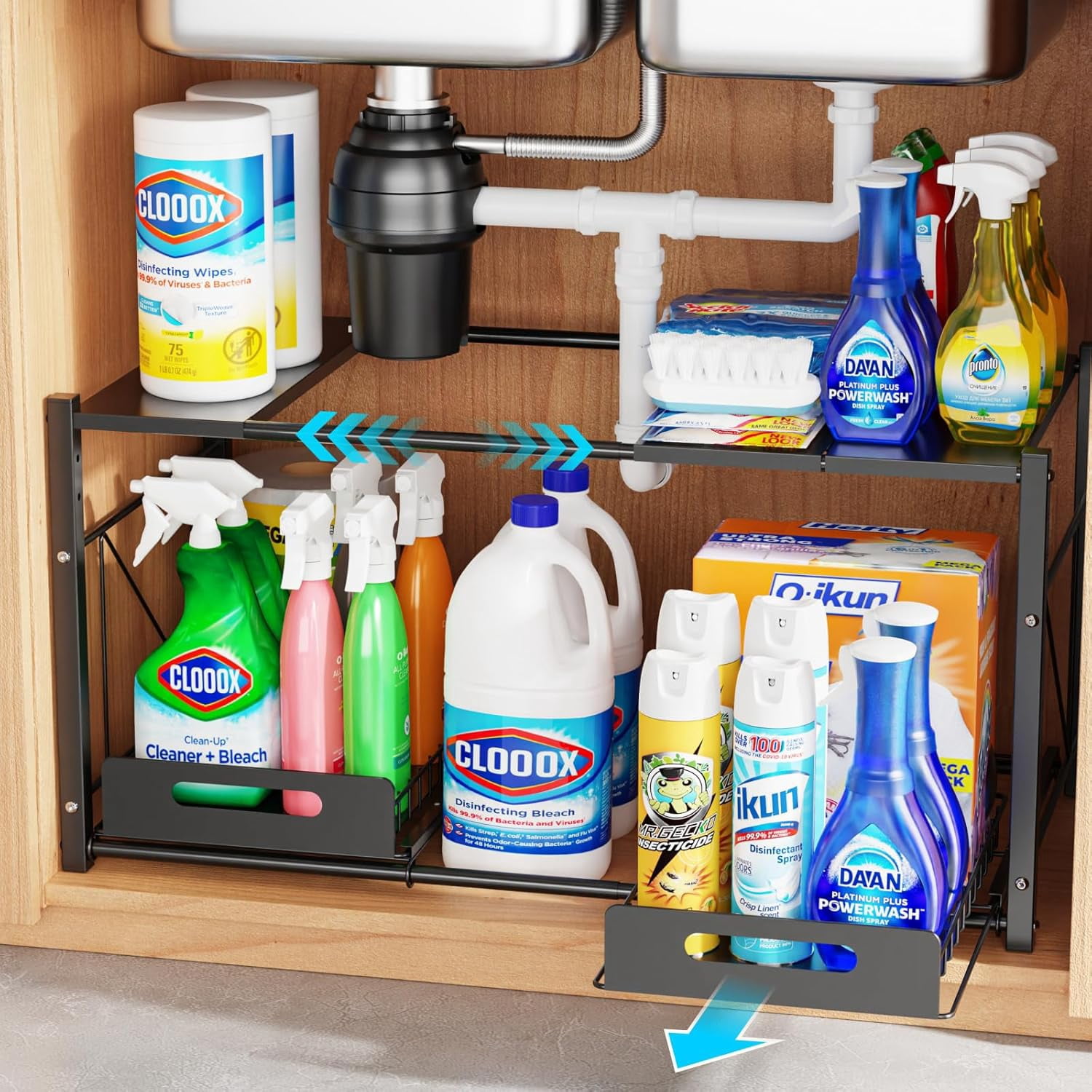 RGHJAR-Extendable Under Sink Organizer - 2 Tier Expandable Under Cabinet Organizer Shelf with Height Adjustable Add Extra Space and Easy Access for 22" to 32" Wide Sink Cabinet, Black
