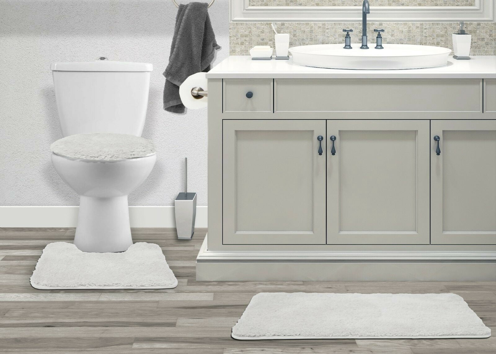Mary 3 Piece Bathroom Rug Set, Luxury Soft Plush Shaggy Thick Fluffy Microfiber Bath Mat, Countour Rug, Toilet Seat Lid Cover, Non-slip Rubber Back, Floor Mats Water Absorbent, White