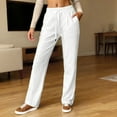 thumbnail image 2 of IWRICH Women's Linen Pants High Waisted Wide Leg Straight Fall Casual Loose Trousers with Pockets White XL, 2 of 5