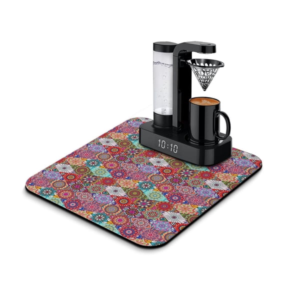 Washable Rubber Boho Floral Retro Dish Drying Mats for Kitchen Counter Home Large Coffee Bar Pad Accessories and Decor for Utensils Stemware 16''x18''