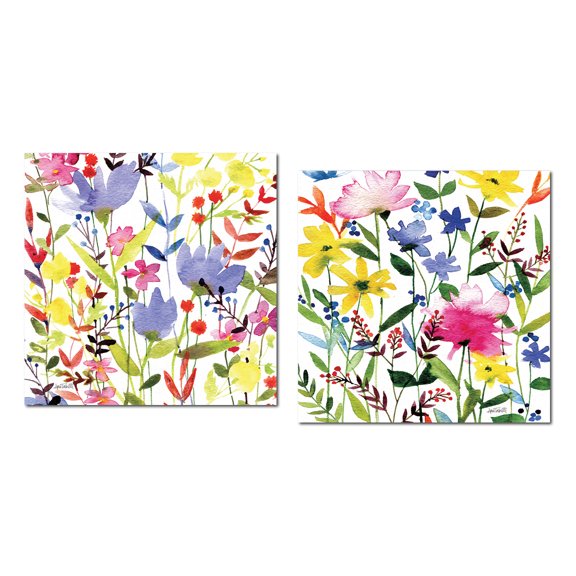 Lovely Colorful Watercolor Spring Fling Meadow by Anne Tavoletti; Floral Decor; Two 12x12 Poster Prints. Teal/Pink/Yellow