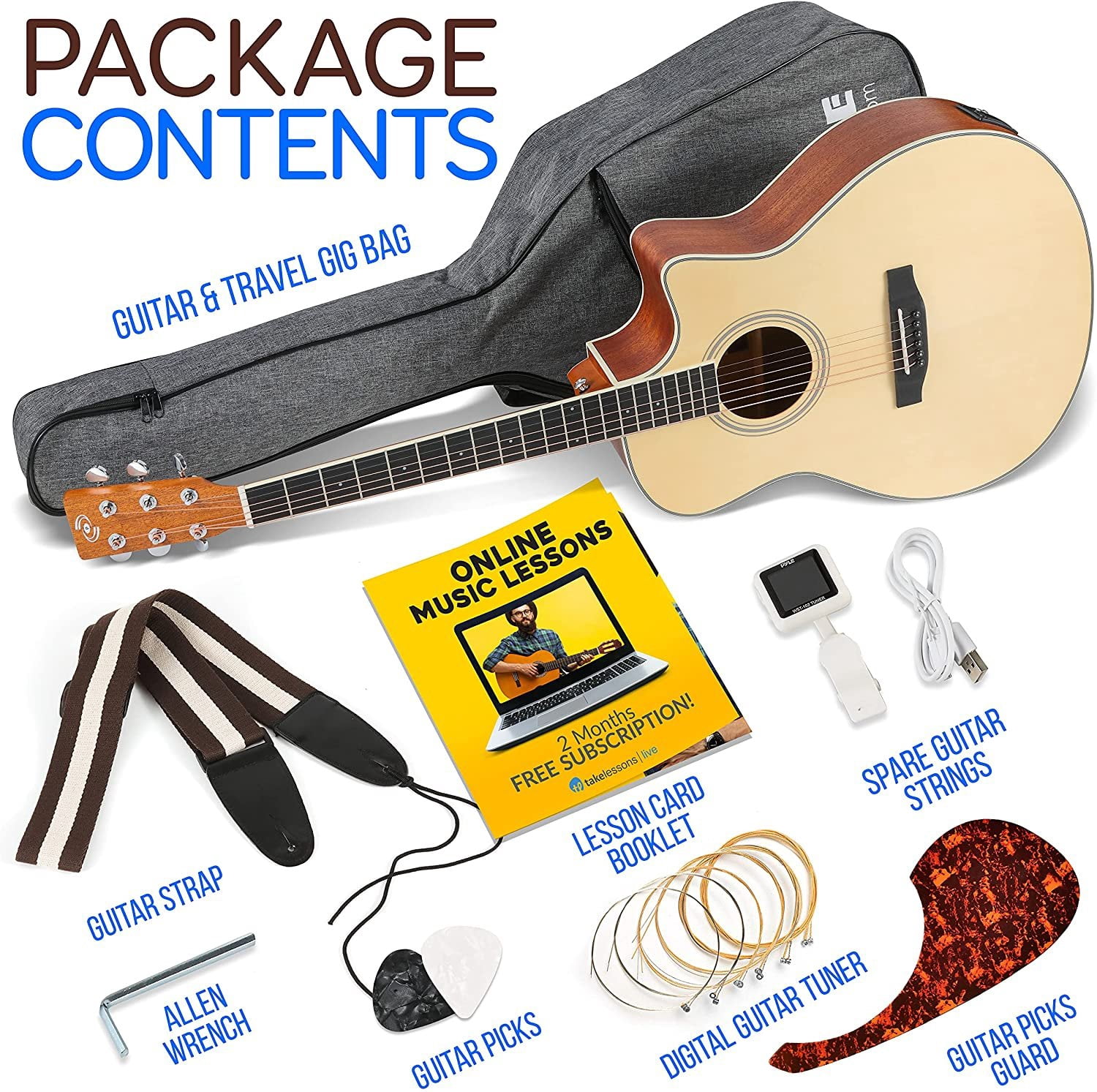 Pyle Premium Electric Acoustic Guitar w/Spruce Top and Mahogany Sides - Full Size Standard Dreadnought Cutaway Natural Matte Finish w/Full Starter Kit Gig Bag, 4-Band EQ, Rechargeable Clip Tuner