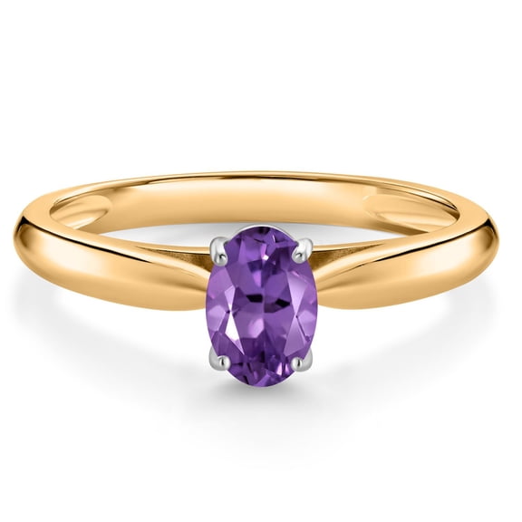 Gem Stone King 0.45 Ct Oval Purple Amethyst 10K Yellow Gold Solitaire Engagement Ring with White Gold Prongs (Size 7)
