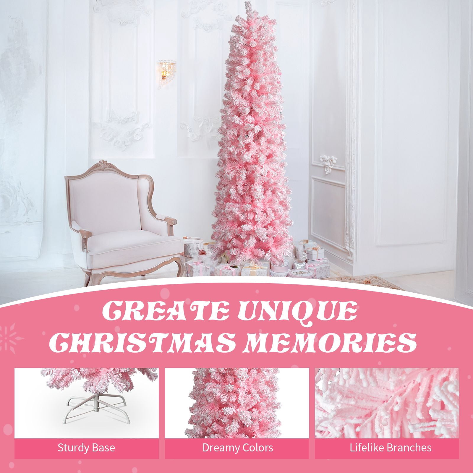 7.5 FT Snow Flocked Hinged Christmas Tree, Artificial Pencil Christmas Tree, Unlit Artificial Christmas Pine Tree with 641 Branch Tips and Sturdy Stand, Pink