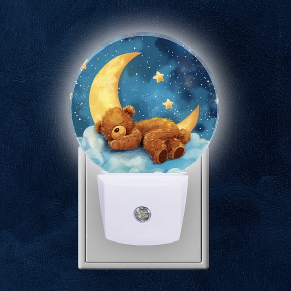 Round LED Night Lights Lamp with Dusk to Dawn Sensor, Cute Teddy Bear Sleeping On The Crescent Moon Night Light Plug Into Wall for Kids Room, Bedroom, Bathroom, Kitchen, Hallway