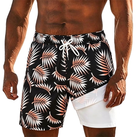 XFeng.Men Palm Print 2 in 1 Board Shorts Quick Dry Lined Swim Trunks Beach Swim Shorts.Black2.L