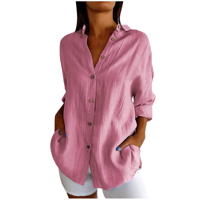 Timegard Plus Size Tops for Women Button down Shirts Long Sleeve Lapel V Neck Blouse Lightweight Tops