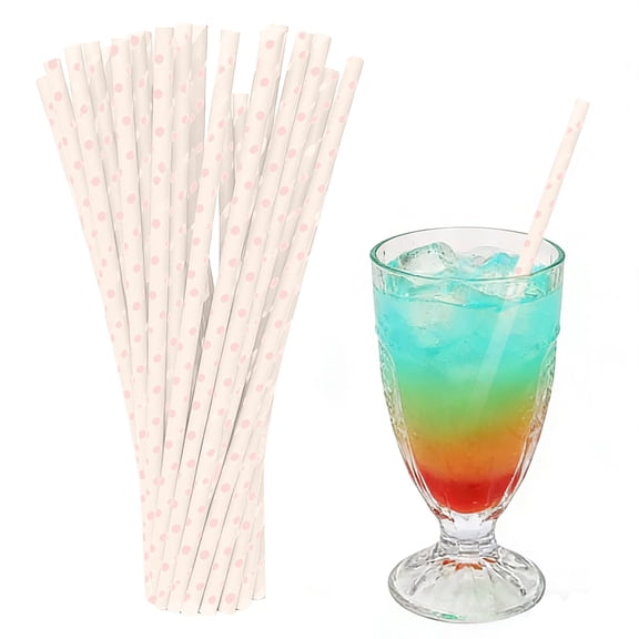 Paper Drinking Straws Light Pink Polka Dot 100 Pack, Disposable Biodegradable Paper Straws for Party Decorations, Dessert Display, Bar Drinks, Birthday Events