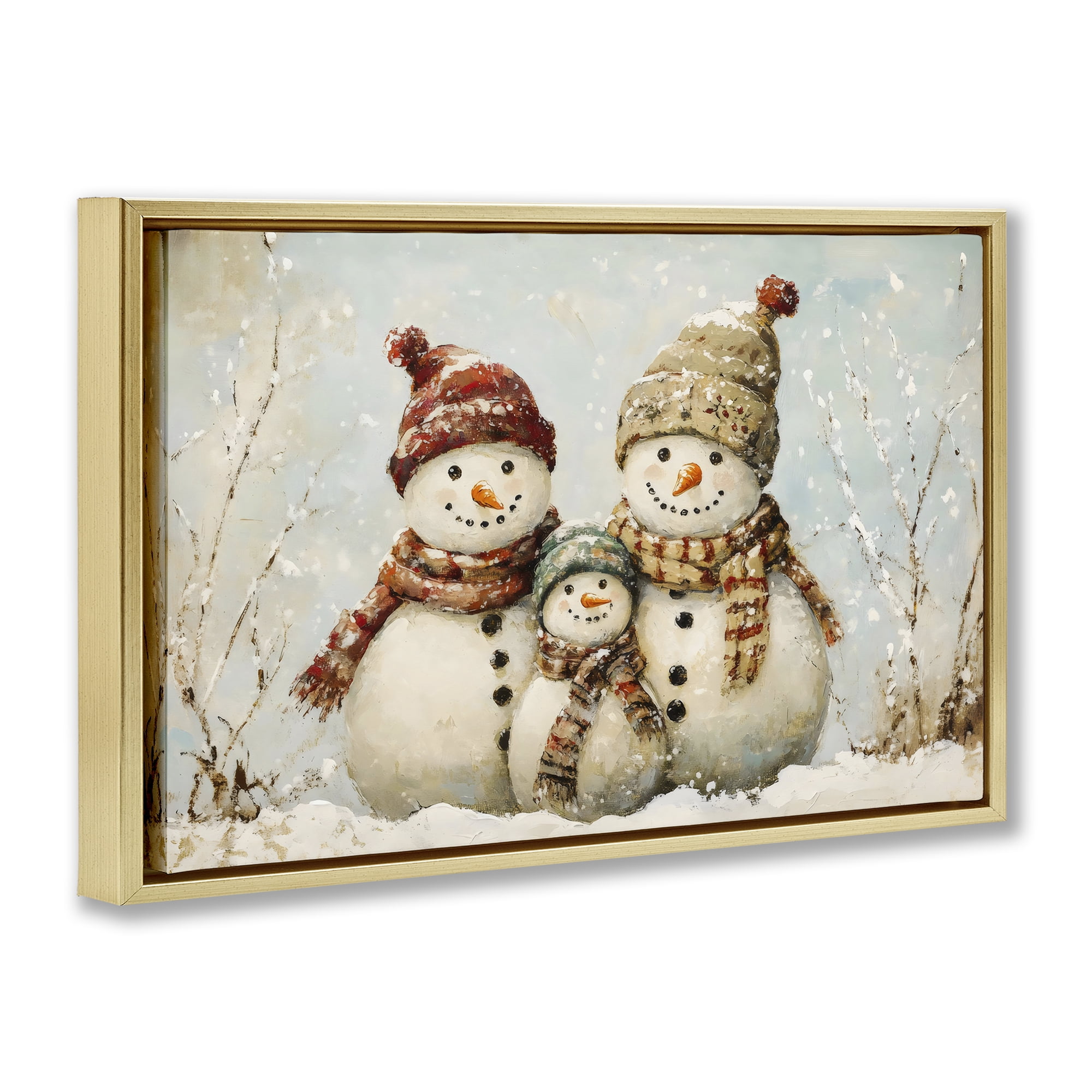 Snowman Family Of Three Gold Framed Floater Canvas Wall Art, design by Petal Prints Design