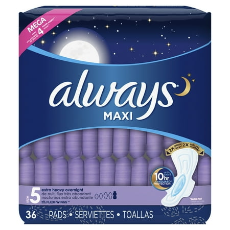 - Always Maxi, Size 5, Extra Heavy Overnight Pads With Wings, Unscented (Choose Count)