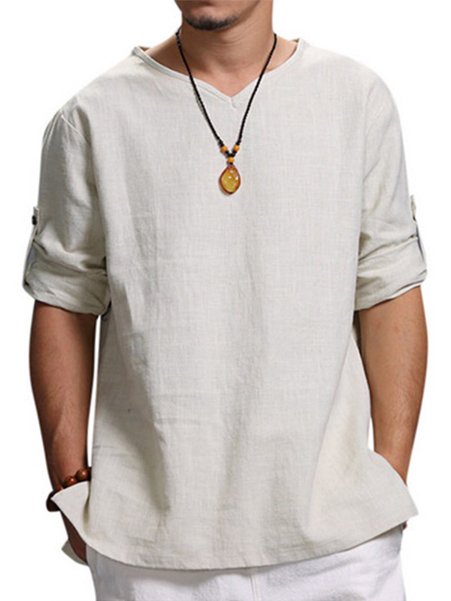 Mens Long Sleeve Linen V Neck Casual Loose Shirts Beach Yoga Shirt Blouse Tops
