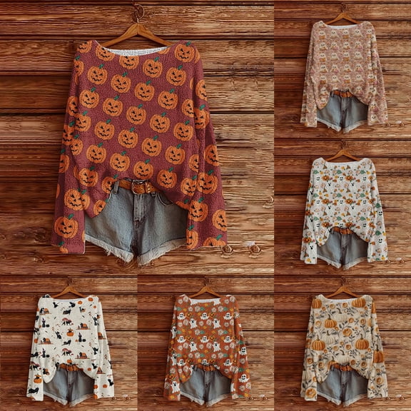 YVNAURA Women‘s Plus Size Loose Fit Halloween Sweater Pumpkin Witch Print Knit Pullover Crew Neck Long Sleeve Casual Fall Winter Spooky Season Graphic Top 1 Pack, Red,XXXL