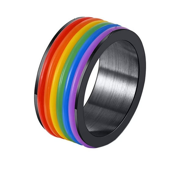 PAMTIER Men's Women's Stainless Steel 9MM Classic Rainbow Wedding Band Gay Lesbian LGBT Pride Ring Black Size 9
