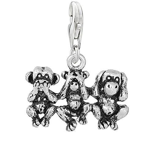 Speak No Evil See No Evil Hear No Evil Monkeys Clip on Pendant Charm for Bracelet or Necklace