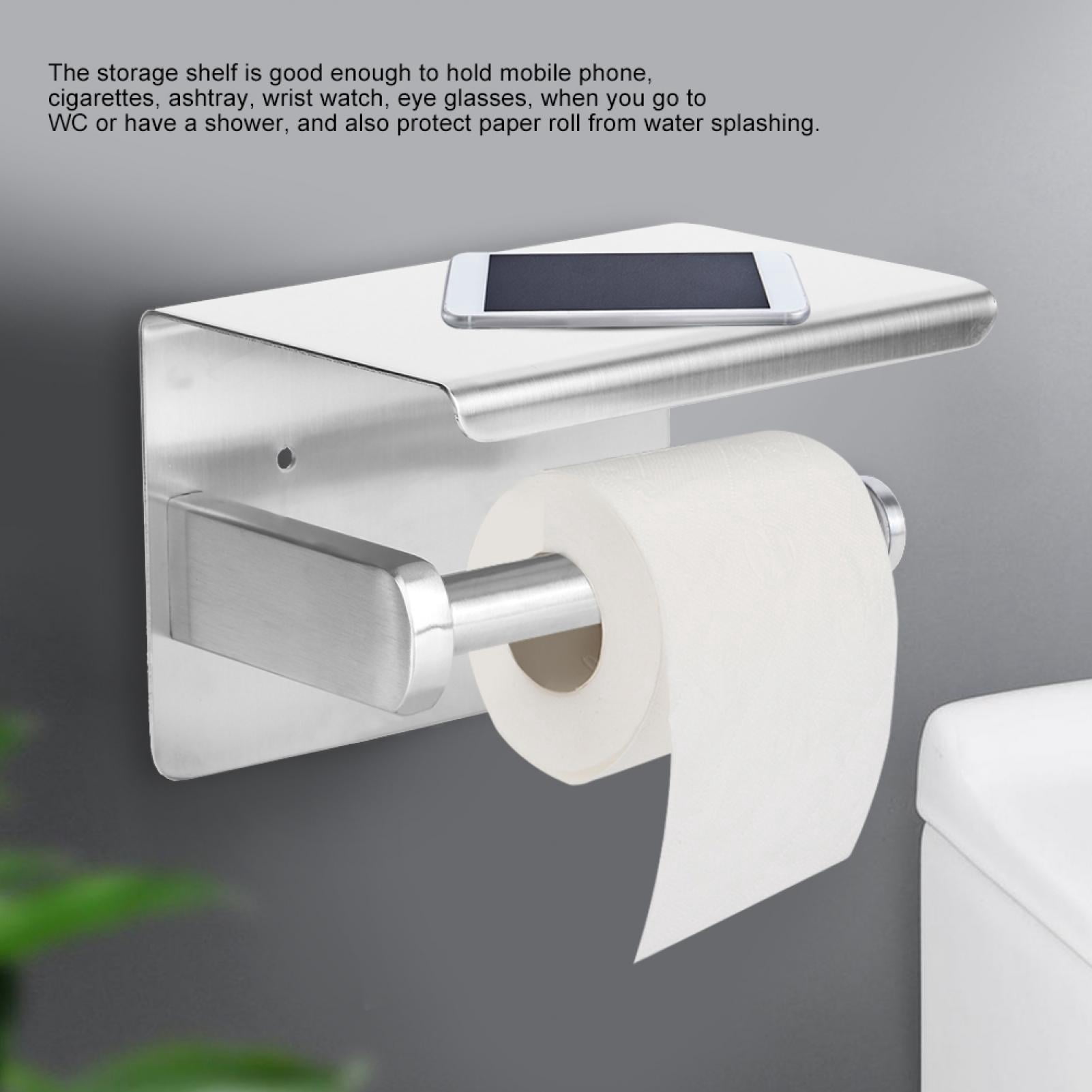 YAHHU Brushed Toilet Paper Holder Stainless Steel Tissue Paper Towel Rack with Phone Shelf, Modern Wall Mounted or Self Adhesive Roll Dispenser (5.91 inches / 15 cm)