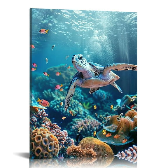 JRXY Ocean Canvas Wall Art Sea Turtle Coral Theme Painting Turquoise Decor Fish Seascape Prints for Bathroom Bedroom Living Room Kids Room 12x16 in