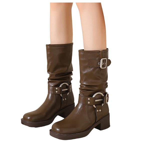 Mid Calf Combat Riding Boots for Women Slouchy Leather Buckle Square Toe Chunky Heel Winter Fall Tall Boots Brown