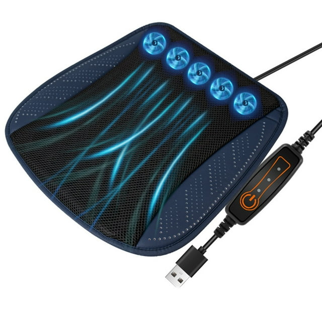 Mistaha Car Seat Cooling Cushion with 5 Built-in Fans, USB Powered Breathable Ice Silk Mesh Cover, Adjustable Wind Speed, Washable & Anti-Slip Design - Navy Blue
