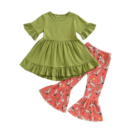 

Xkwyshop Toddler Kids Baby Girl Clothes Ruffle Sleeve Tunic Dress Top Cow Print Flared Pants Headband Outfits Green 4-5 Years