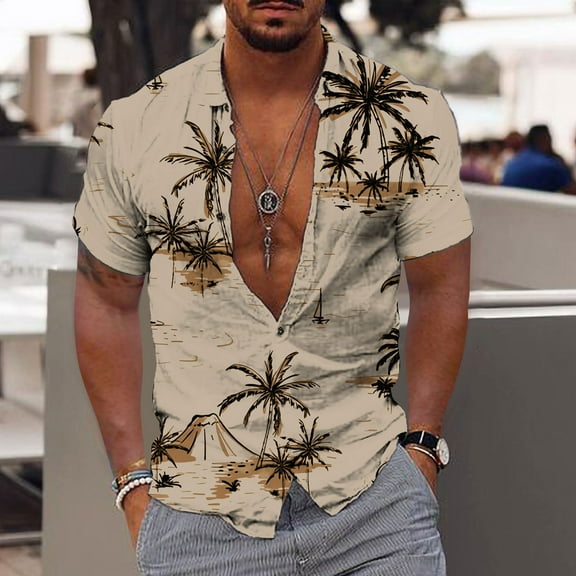 Pitauce Hawaiian Shirt for Men Regular Fit Short Sleeve Palmshadow Button Shirts Summer Holiday Casual Tropical Shirt for Men on Clearance