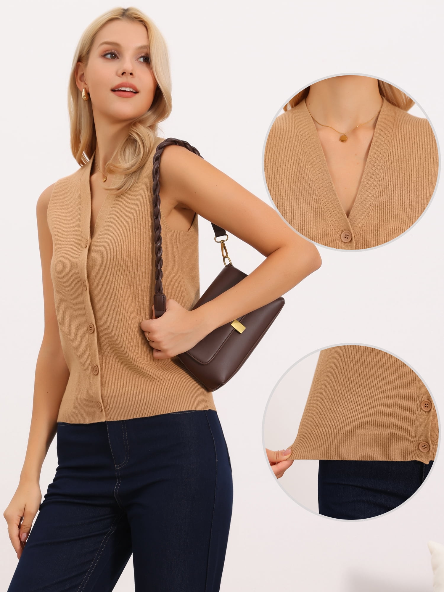 DARING DIVA Women's Sleeveless V Neck Knit Button Down Sweater Vest M Light Brown