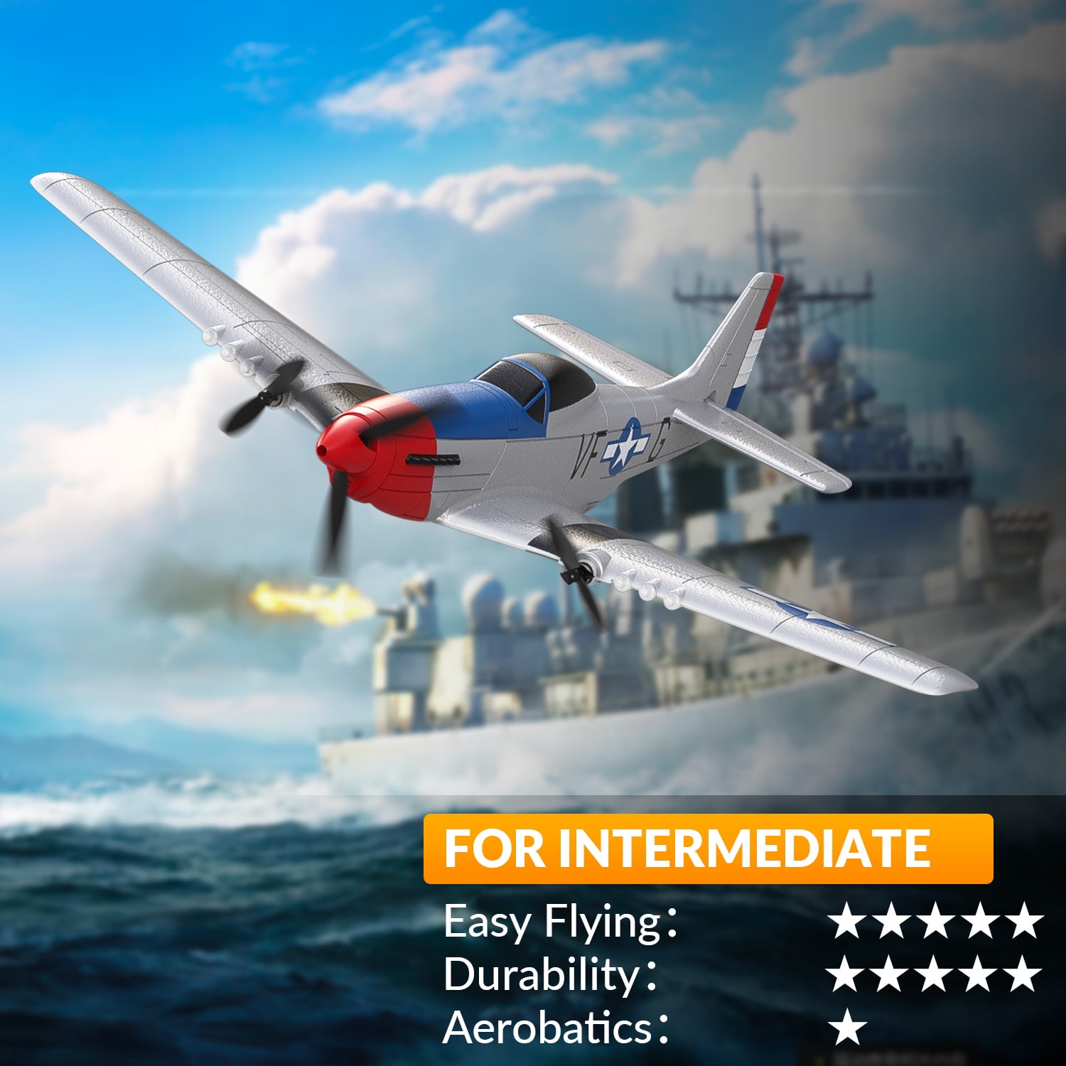 Bruce&Shark RC Plane, 3-CH P-51D Mustang Remote Control Airplane for Adults, 6-Axis Gyro, Easy to Fly, Suitable for Outdoor Activity