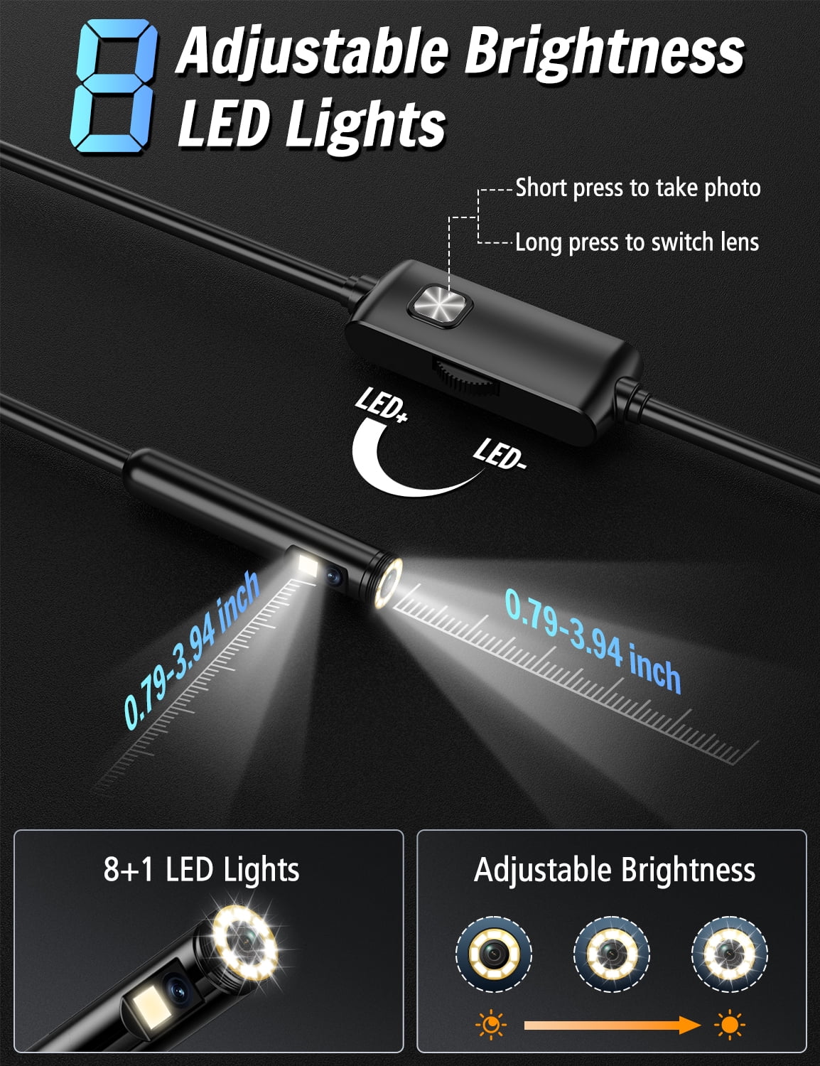 1920P HD Dual Lens Industrial Endoscope IP67 with 8+1 Adjustable LED Lights (16.5 FT/5M)