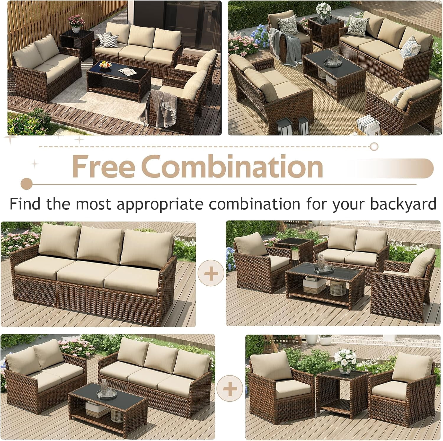 AECOJOY 7 Pieces Outdoor Furniture Set with Two Storage Boxes, Rattan Wicker Sectional Sofa in Brown Wicker& Beige Cushions