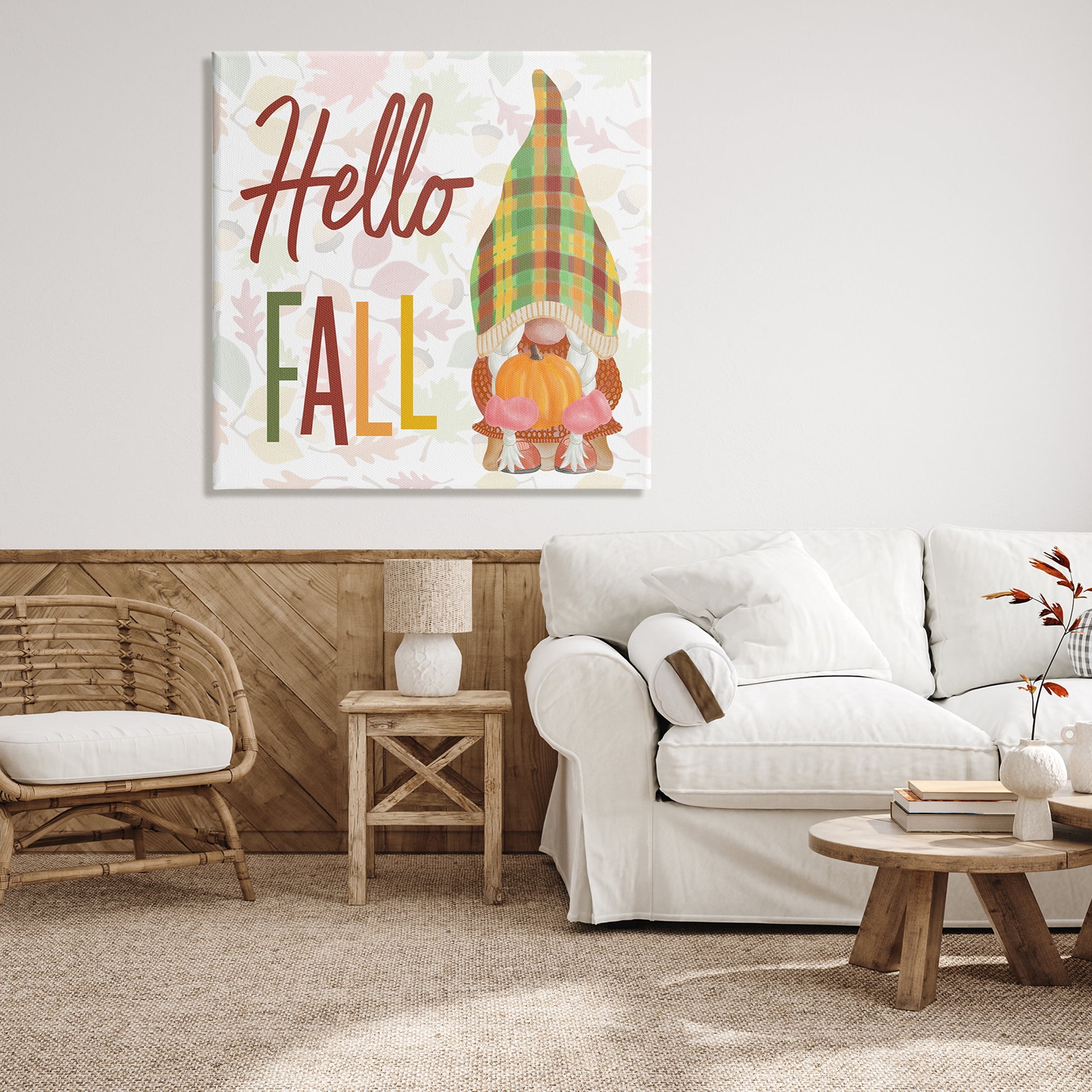 Hello Fall Cozy Tartan Gnome Holding Pumpkin Inspirational Graphic Art Gallery-Wrapped Canvas Print Wall Art