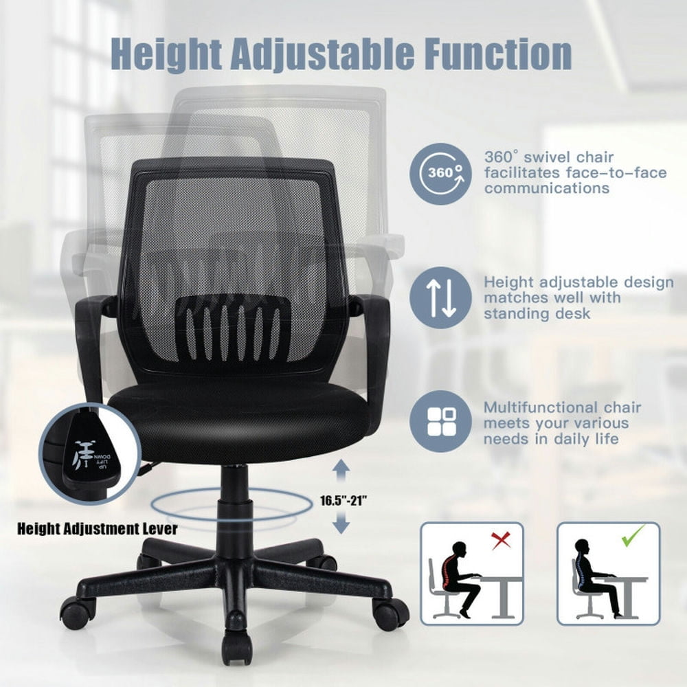 Demi Bonn Mid-Back Mesh Height Adjustable Executive Office Chair with Lumbar Support for Home, Bedroom, Study, Black