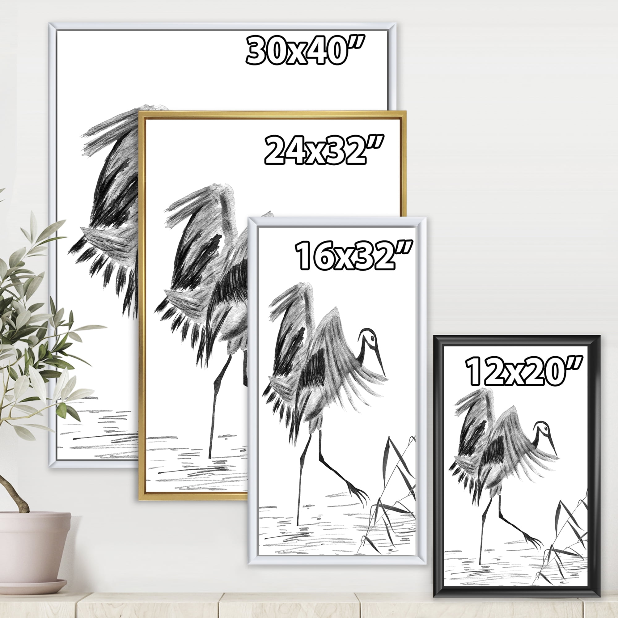 Designart 'Monochrome Japanese Oriental Crane Bird' Traditional Framed Canvas Wall Art Print