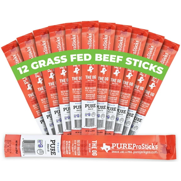 PureProSTICKS - 24 pack of 100% Grass Fed Beef Sticks - Original Flavor Mild - Delicious Gluten Free Beef Snack - High Protein Keto & Paleo Friendly - 24 Beef Sticks