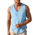 thumbnail image 4 of Men's V Neck Vest Cotton Linen Sleeveless Vest Button Up Sleeveless Tops Casual Layering Spring Summer Business Top Sky Blue M, 4 of 6