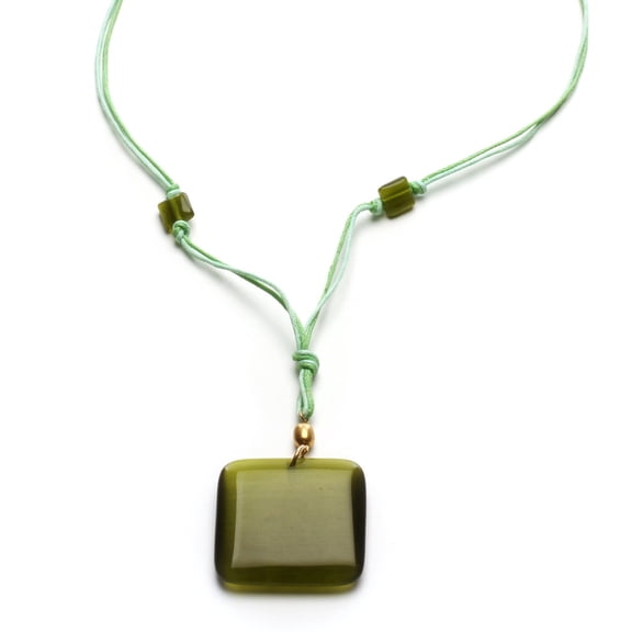 Green Cat's Eye Statement Pendant Necklace - Square Gemstone Adjustable Cord Jewelry Necklace