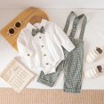 thumbnail image 2 of Rggeeun Baby Boys' Clothing Sets Bow Button Down Long Sleeve Lapel Collar Bodysuits & Cute Plaid Graphic Overalls 2 Piece Outfits Fall Matching Sets Play Sports Classic,Green,12-18 Months, 2 of 9