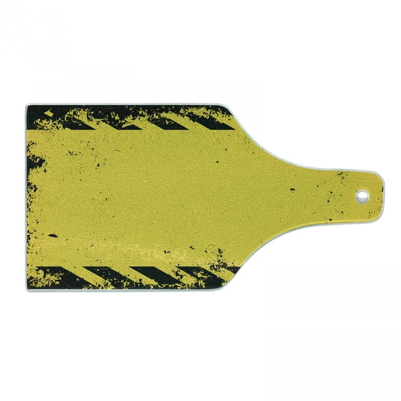 Vintage Yellow Cutting Board, Hazard Theme Caution Construction Tape Illustration with Grunge Look, Tempered Glass Cutting and Serving Board, Wine Bottle Shape, Yellow and Black, by Ambesonne