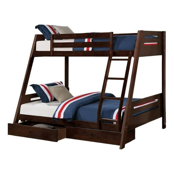 Emily Twin Over Full Bunk Bed with Ladder- 2 Drawers- Espresso Brown Wood