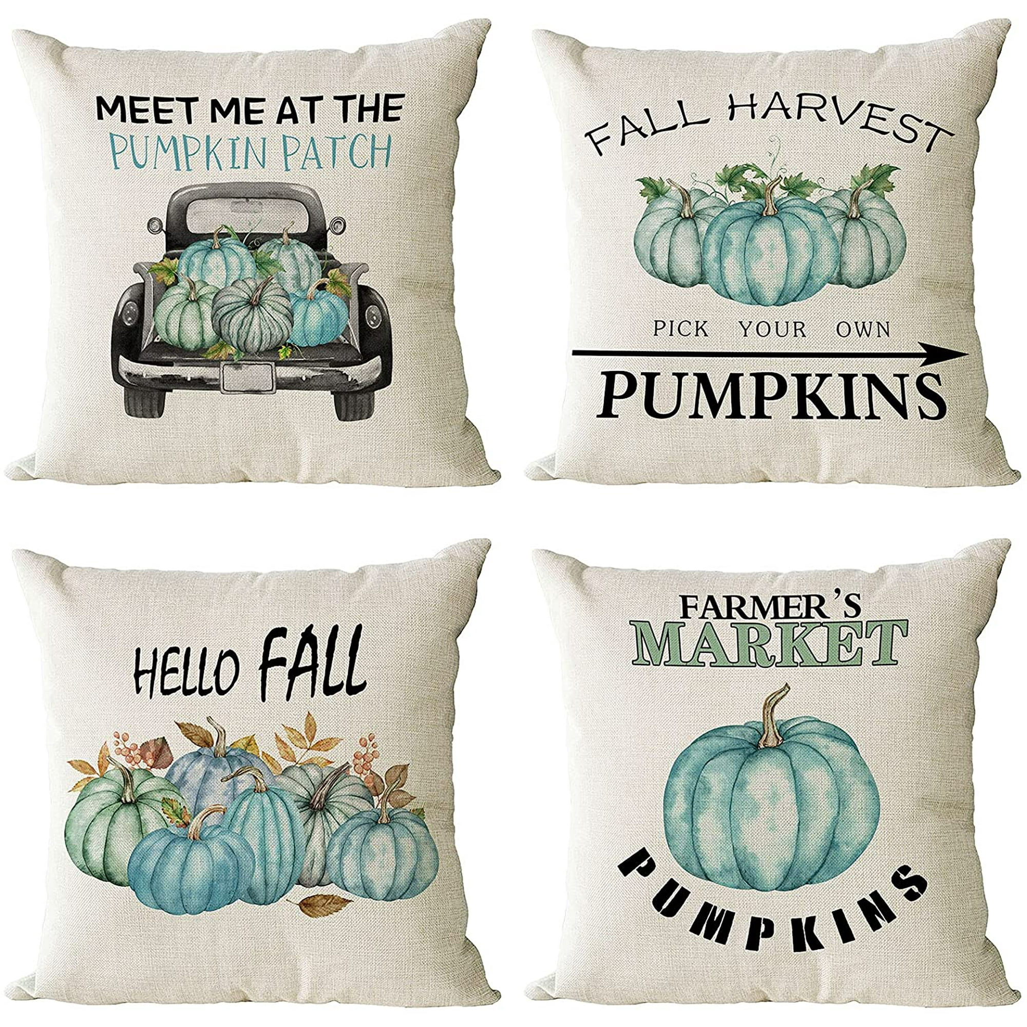 Htooq Set Of 4 Fall Pillow Covers 20x20 Inch Thanksgiving Decor Throw Pillows Covers Autumn Blue Pumpkins Decorative Home Outdoor Sofa Couch Pillow Ca