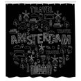 thumbnail image 3 of Amsterdam Shower Curtain, Doodle Drawings of Plants Houses Bicycles Windmills Travel Wording, Fabric Bathroom Set with Hooks, 69W X 84L Inches Extra Long, Charcoal Grey and White, by Ambesonne, 3 of 3