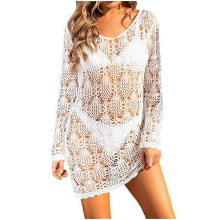 Virmaxy Womens Cover Ups Solid Color Hollow Out Knit Beach Bikini Cover Ups Dresses Cover Ups Bathing Suit Cover Up For Beach Pool Swimwear Crochet Dress White-A M