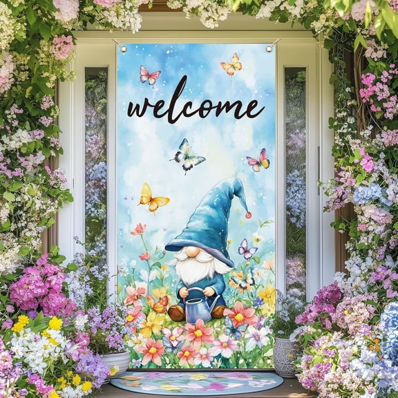 1 Pc Polyester Flower Butterfly Gnome Pattern Door Covers Welcome Theme Flower Backdrop Banner Decoration for Indoor Outdoor Porch Home Decor Accessories