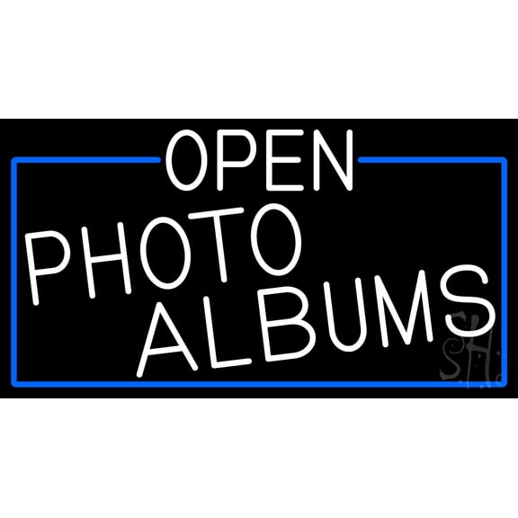 White Open Photo Albums With Blue Border LED Neon Sign 13 x 24 - inches, Black Square Cut Acrylic Backing, with Dimmer - Bright and Premium built indoor LED Neon Sign for art gallery, and exhibition.