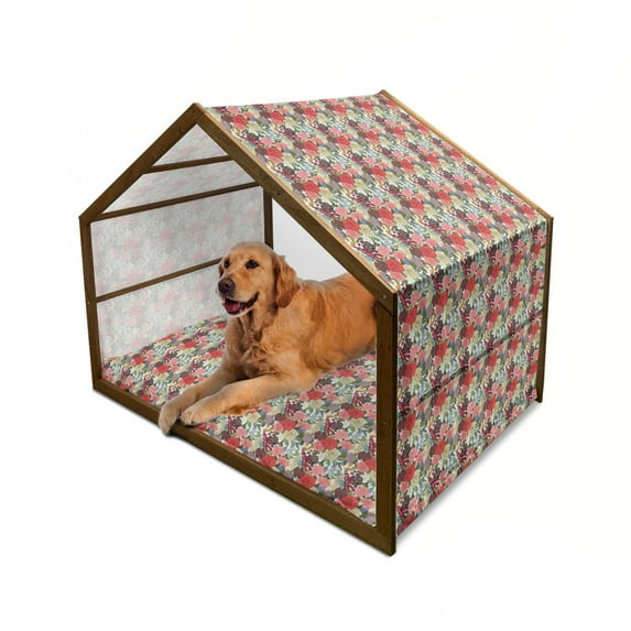 Floral Pet House, Hand Drawn Foxglove Hydrangea Primrose and Hyacinth Summer Foliage Romantic Design, Outdoor & Indoor Portable Dog Kennel with Pillow and Cover, 5 Sizes, Multicolor, by Ambesonne