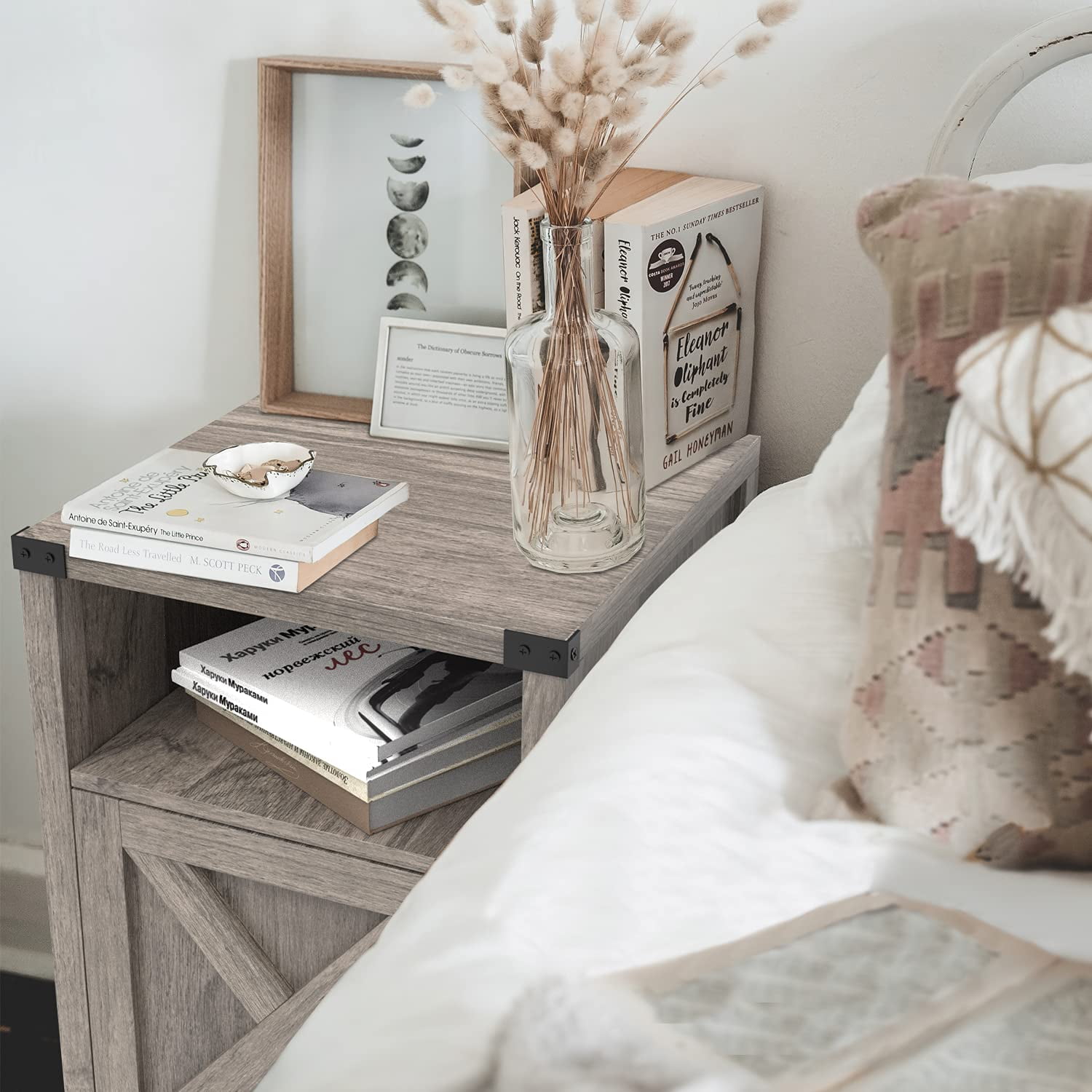 4 EVER WINNER Farmhouse Barn Door Side Table Set of 2, Rustic Gray End Table with Barn Door Storage, Bedside Table for Bedroom Living Room