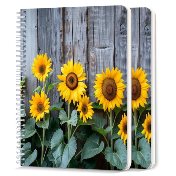 Spiral Notebook,College Ruled Journal,8.26" x 5.71" 50 Sheets/100 Pages,2 Pack - Row of Sunflowers Growing Against Old Wooden Fence
